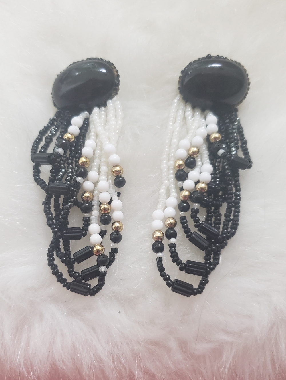 Vintage Beaded Fringe Drop Earrings - Black & White
